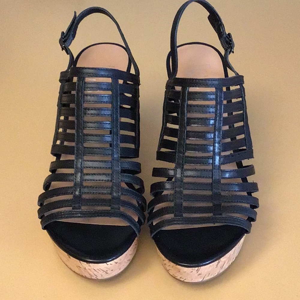 Franco Sarto Black Platform Shoes with Geometric Straps